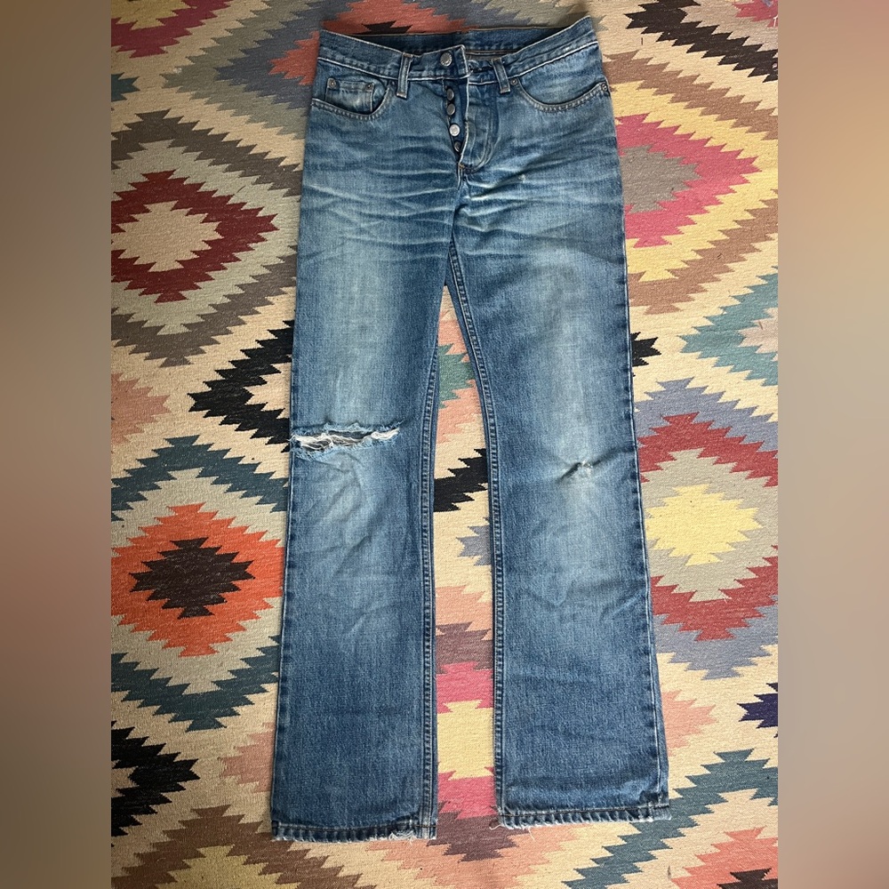 Helmut Lang Vintage Stained Denim Boot Cut Button Fly Jeans